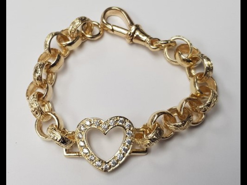 9ct Polish & Pattern Love Heart Belcher Yellow Gold Bracelet 14.5G ...